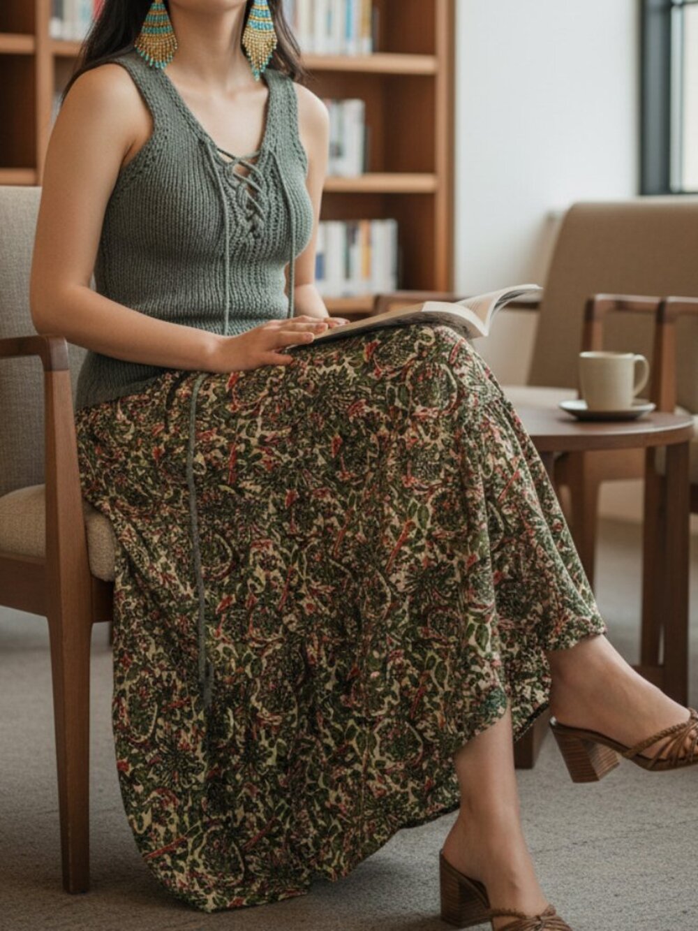 Zara Olive and Sage Floral Tiered Peasant Skirt